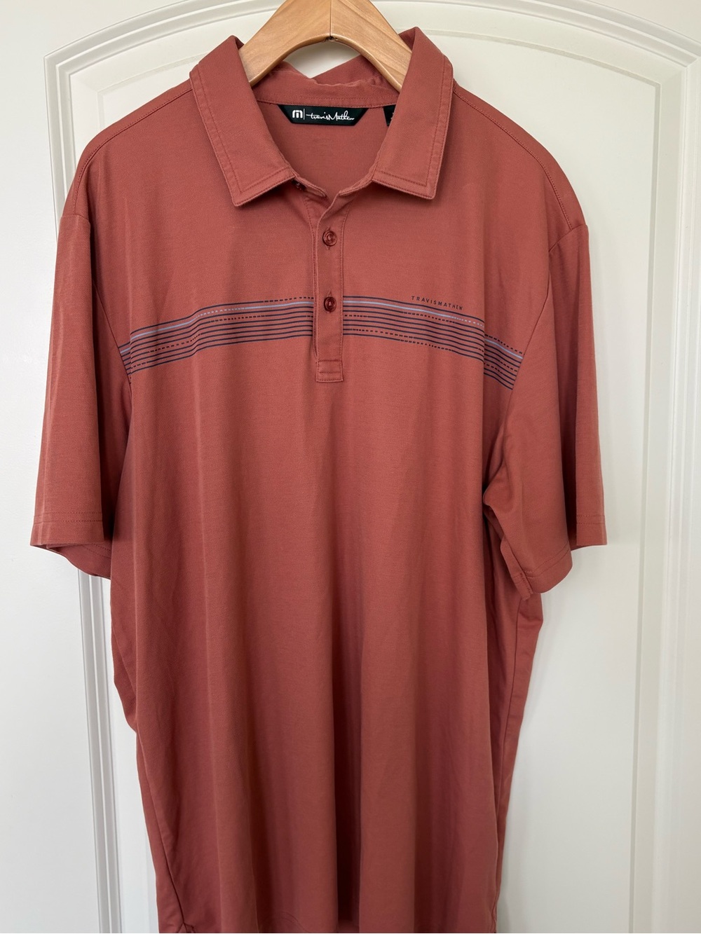 Travis Mathew Men's Rust Brick Polo with Horizontal Stripe